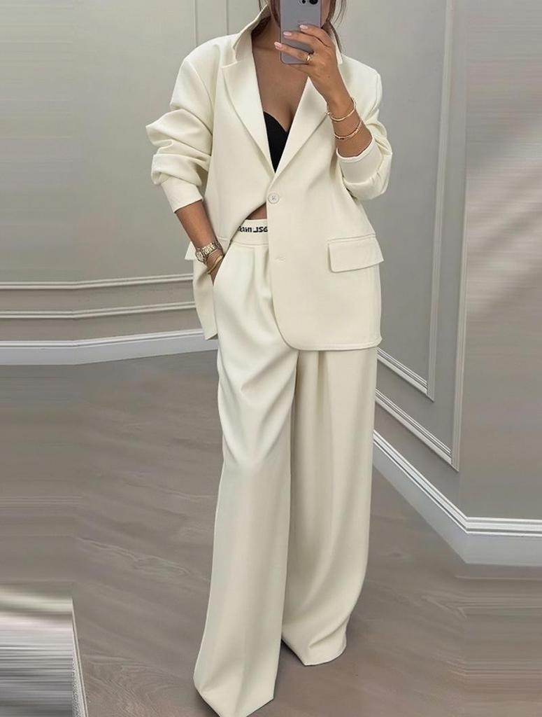 Women's Oversized Blazer Suit Set, Two Piece Wide Leg Pant Suit with White Trim