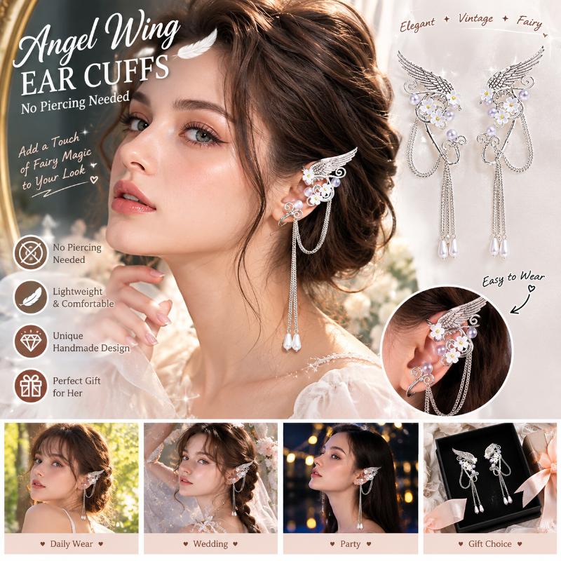 Left Ear Right Ear Sweet Alloy Elf Ear Clip Elf Ear Crystal Long Tassel Earrings Charm No Piercing Wings Ear Cuff Girls