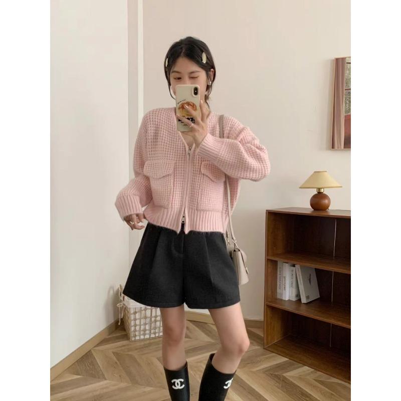 Short Waffle Double Zipper Knitted Cardigan Women's Autumn and Winter New Loose Versatile Sweater Jacket Tide