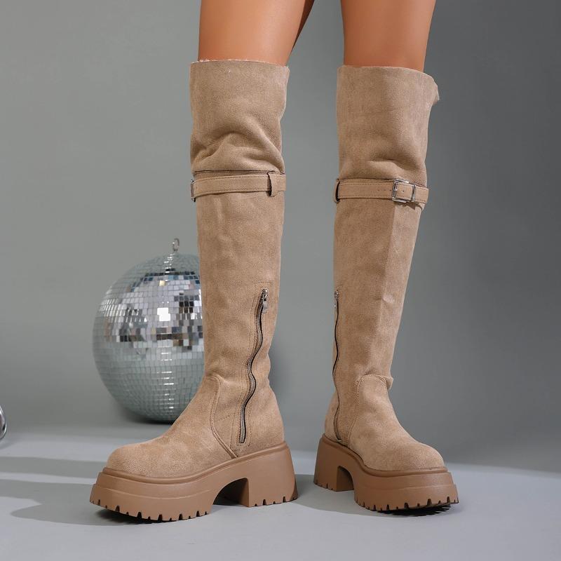 Metal Buckle Zip Boots Women's Fashion Round Toe Suede Studded Platform Non-Slip Block Heel Shoes