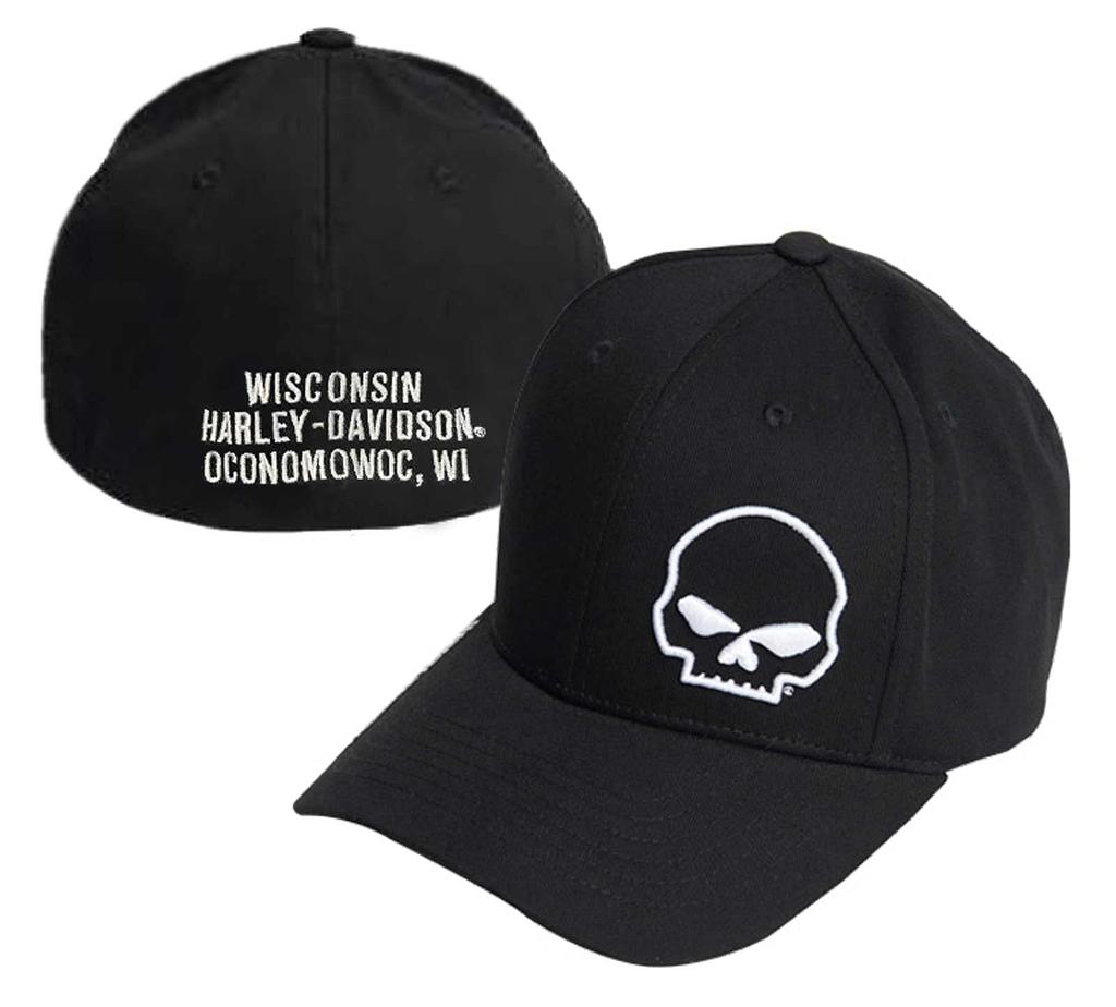 Curved Skull Curved Bill Stretch Fit Baseball Cap Large Harley-Davidson Men's - Black, Black,