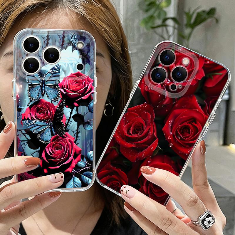 Scarlet Red Rose Flower Pattern Case For iPhone 17 Pro Max Coque iPhone 16 15 14 13 Pro Max 11 Clear TPU Silicone Soft Cover