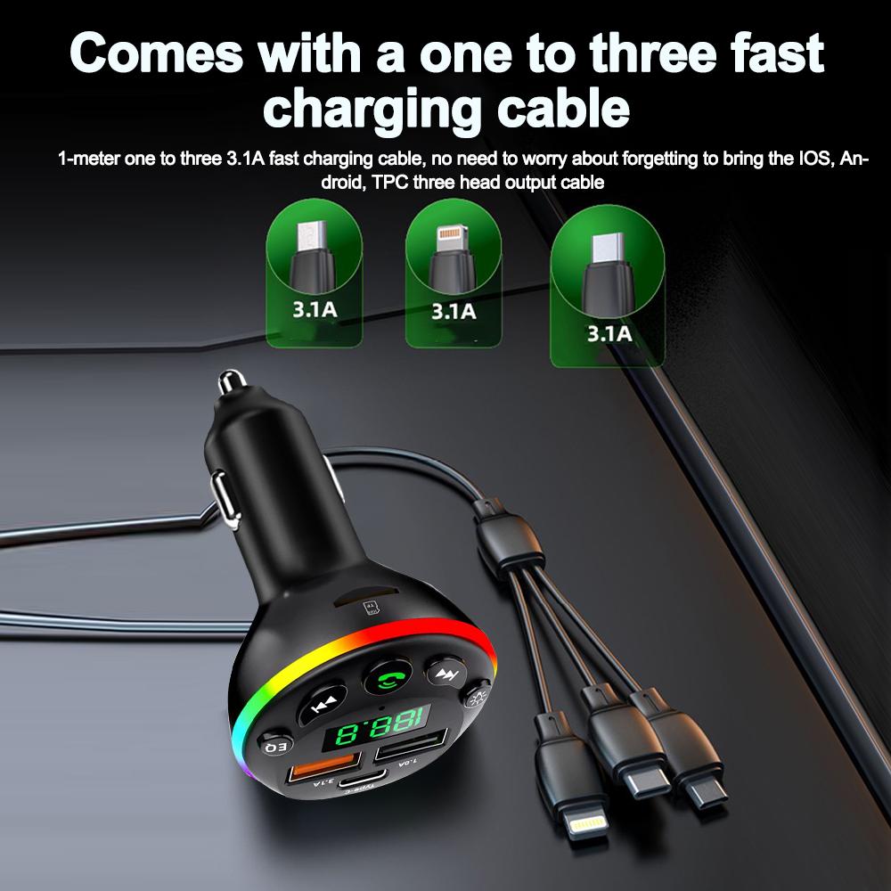 Car Bluetooth 5.0 FM Transmitter MP3 Modulator Player Handsfree Audio Receiver With 3 In 1 Charge Cable for IPhone Huawei Xiaomi