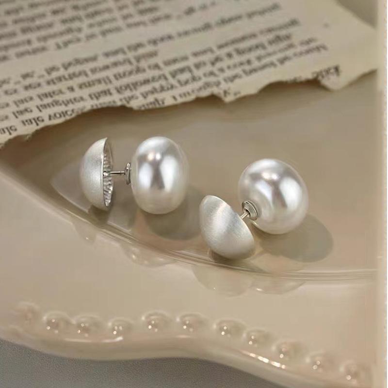 Real 925 Silver Matte Surface Arc Pearl Stud Earrings For Women Classic Fine Jewelry Exquisite Accessories