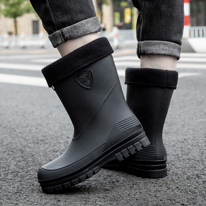 Fashion Men's Water Shoes Winter Wear Non-slip Work Rain Boots New Warm Bundle Middle Tube Rain Shoes Men