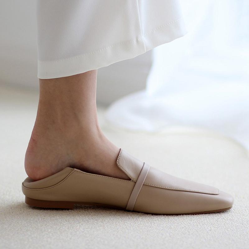 Cow Leather Square Toe Women Flats Casual Loafers Women Shoe Without Heel 2024 New Spring Autumn Mules Woman Simple White Shoes