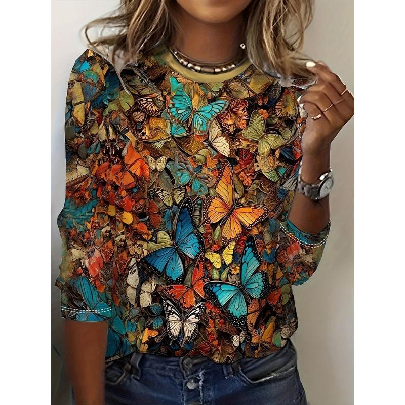 Fall/Winter Daily Women's Casual Top 3D Flower Print Women's Long-Sleeved T-Shirt Street Urban Fashion T-Shirt