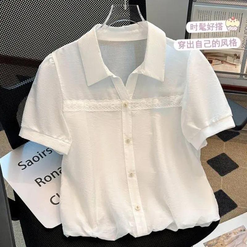 Womens Lace Trim Puff Sleeve Button Down Blouse