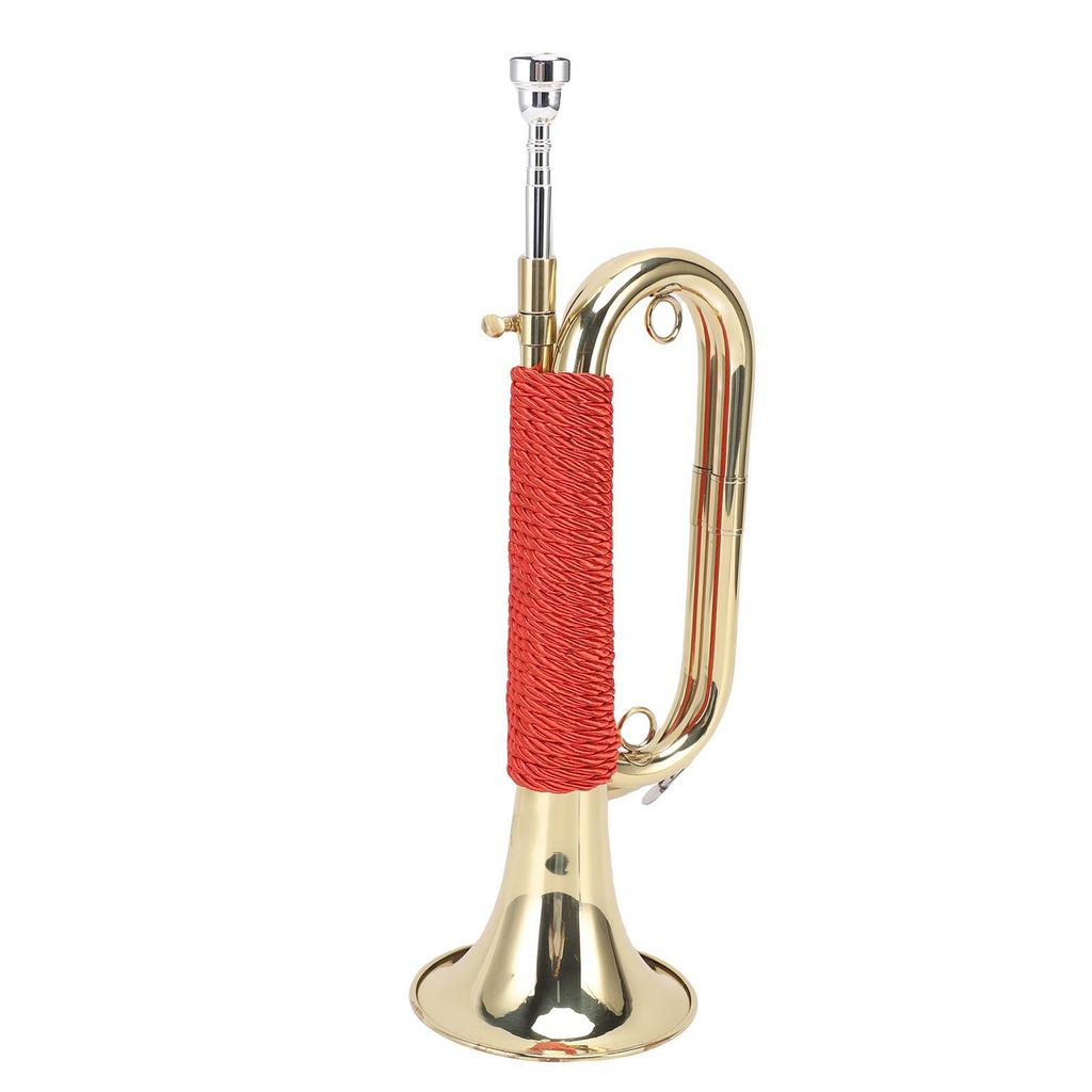 Brass Bugle Gold Plated Cavalry Trumpet with Red Braided Handle for Summer Camp Honor Guard School Band