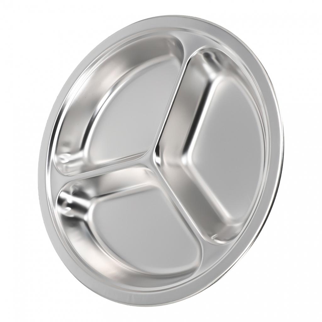 Stainless Steel 3-Sections Round Divided Dish Dia-22/24/26cm Snack Dinner Plate