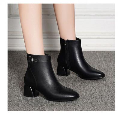 Real Soft Leather Short Boots Women's Thick Heel Martin Boots Pointed Autumn and Winter New Warm Velvet Women's Boots Versatile Fashion Single Boots