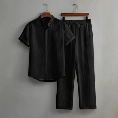 Herren Button Texturiertes Lässiges Gestreiftes Kurzarmhemd und Elastische Gerade Bein Hose Set, 2-teiliges Set