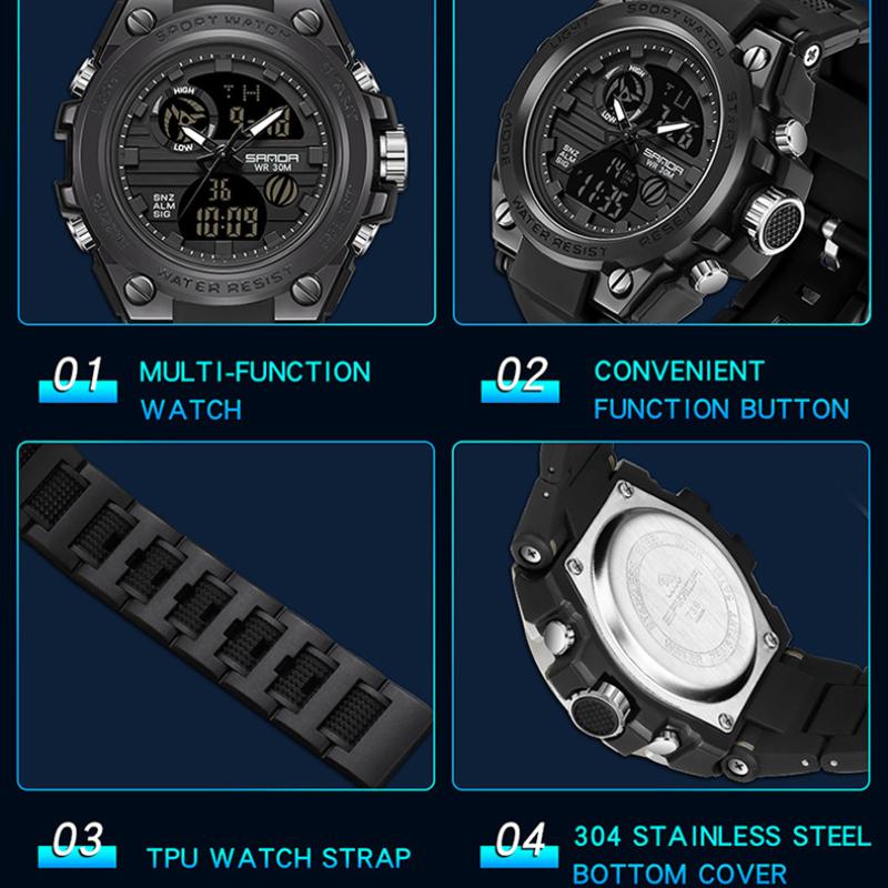 SANDA Fashion Trend Electronic Watch Multifunctional Waterproof Wristwatch