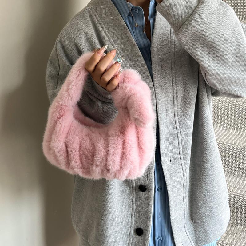 Solid color pleated portable cloud bag autumn and winter fashion new plush bag women's texture handbag