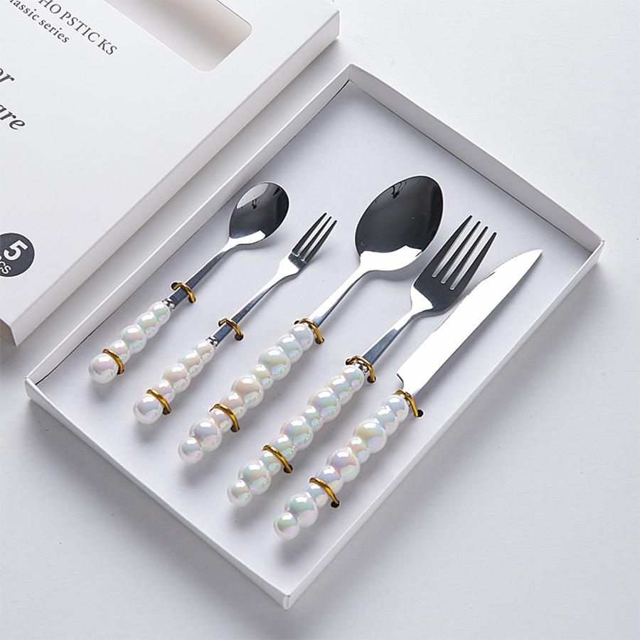 3/5 Pcs Ceramic Handle Knife Fork Spoon Set Stainless Steel Cutlery Set Western Knife Gift Box Household Kitchen Supplies