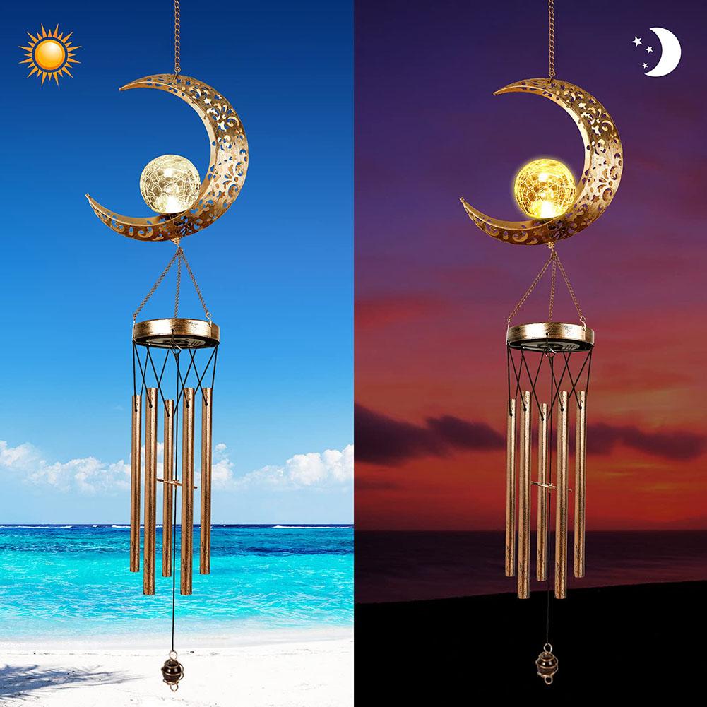 Solar Moon Wind Chimes Outdoor Hanging Decoration with Crackle Glass Ball Moon Wind Bells Light Decorative Party Favors
