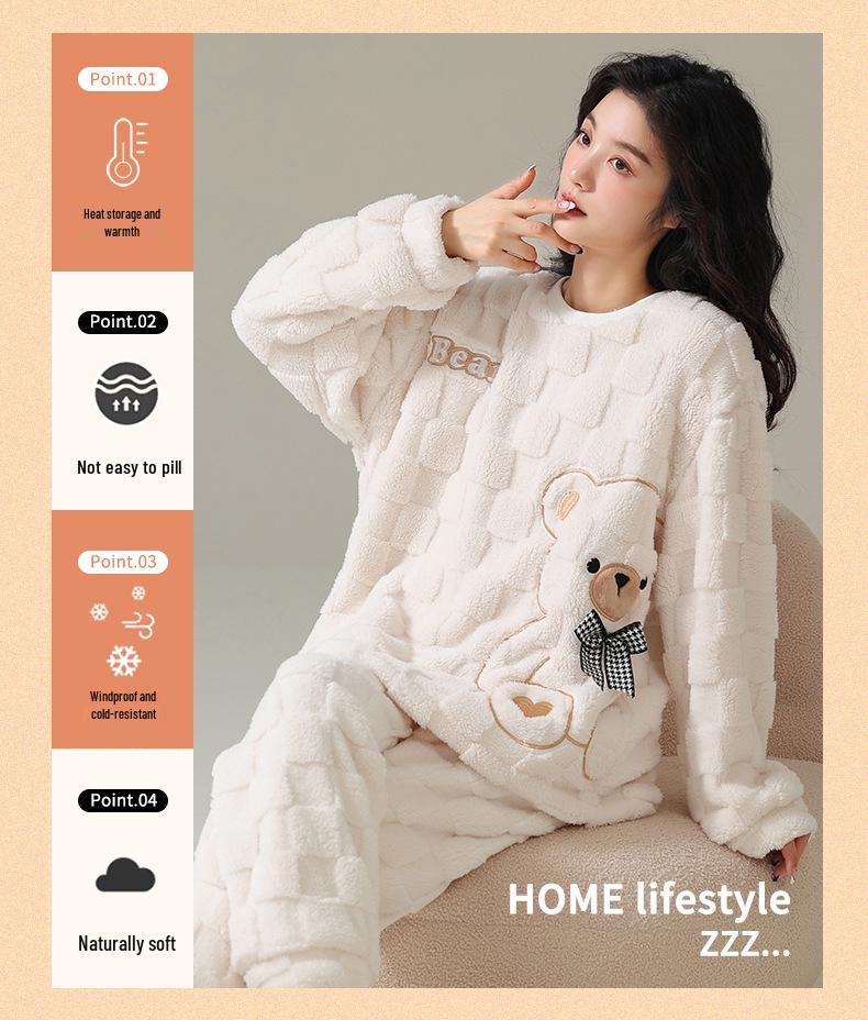 Women's Coral Fleece Pajama Set, Autumn/Winter, Plus Velvet, Thickened Flannel Home Wear