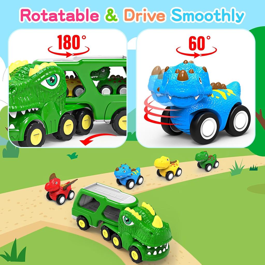 Dinosaur Toys for 1 2 3 4 5 Year Old Boy, Dinosaur Trucks for Toddlers 2-4 Years with 4 Small Pull Back Dino Cars, Kids Christmas Birthday Gifts for