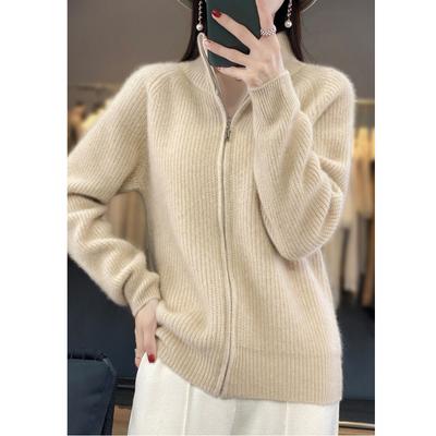 Autumn High Neck Zipper Knitted Cardigan Women's Wool Zipper Cardigan Padded Shoulder Stand Collar Women's Cashmere Knitted Coat Lapel Sweater