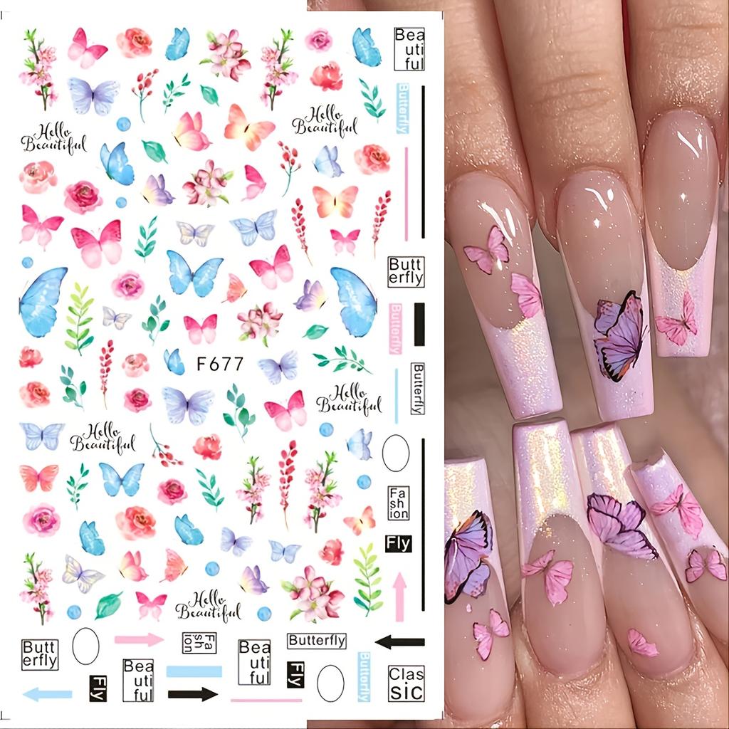 Holographische Schmetterling Nail Art Aufkleber - Blaue und Lila Schmetterlinge, Frühlingsthema Blumen, 3D Selbstklebende Nageldekoration