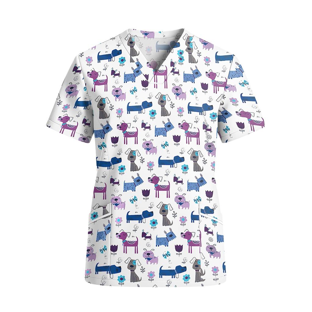 Womens V Neck Short Sleeve Printed Scrub Top with Pockets Animal Pattern Lightweight for Healthcare and Service Professionals