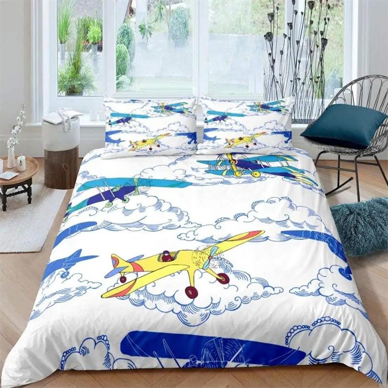 Premium Airplane Duvet Cover Planes Fying In Air Aviation Airport Helicopters And Jets Cartoon Style Room Decorative For Boys Girls Gift
