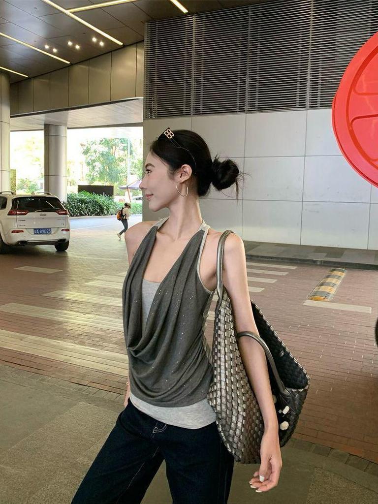 2025 Color Block Patchwork Cowl Neck Halter Camisole for Women