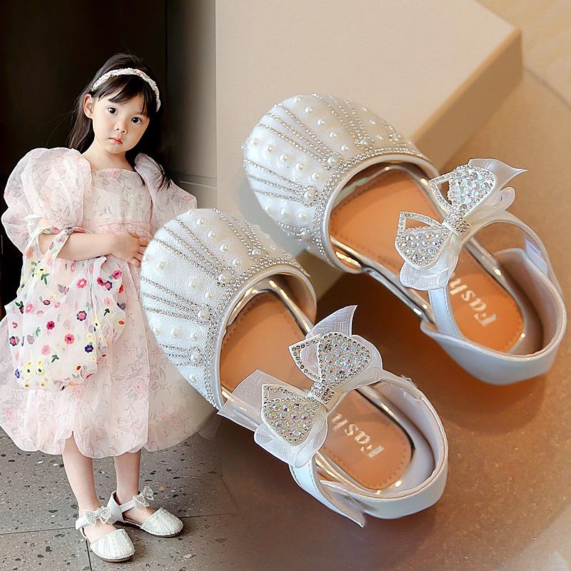 Princess shoes for girls2026Summer new style rhinestone soft-soled non-slip bowknot fashion half-sandals for children with crystals
