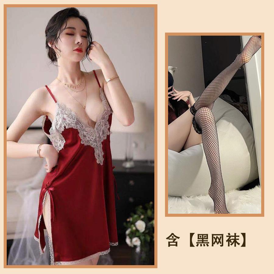 Sexy spodní prádlo Ledové hedvábí Svádění Sexy rozparkové pyžamo Květiny rozpustné ve vodě Duté podvazkové pyžamo Domácí Velká velikost Ženy