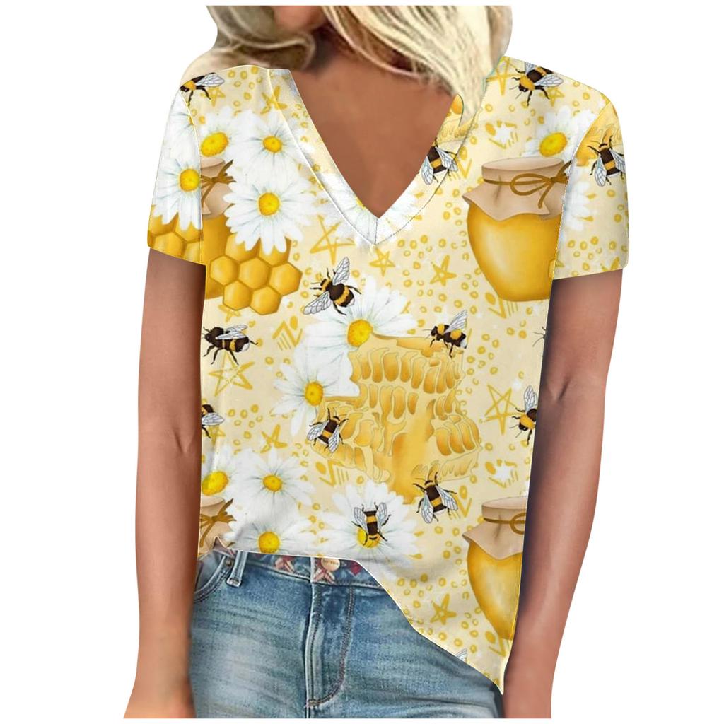 vintage women bee print t shirt short sleeve v neck tops comfortable t-shirts