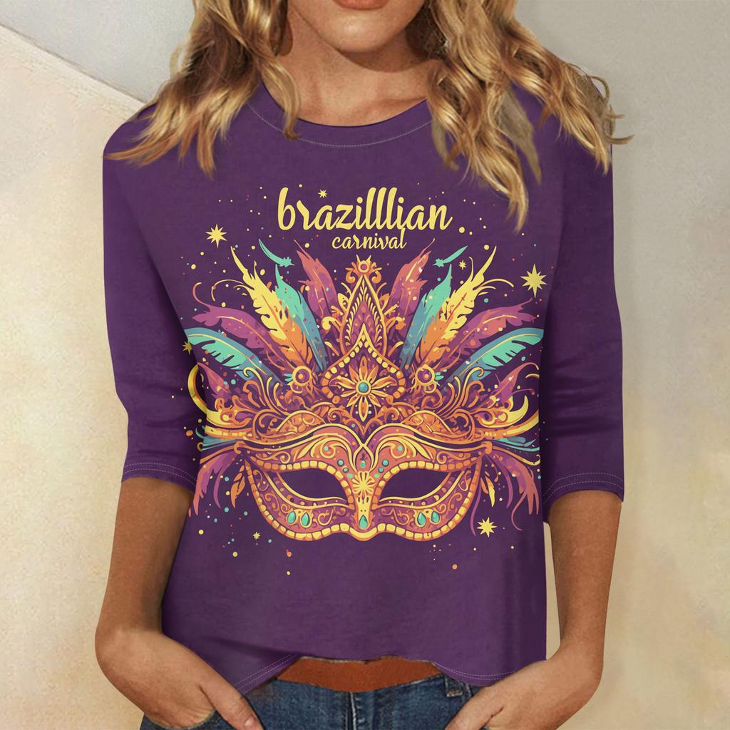Ladies' Carnival Printed Fashionable Casual Seven Sleeve Round Neck Top