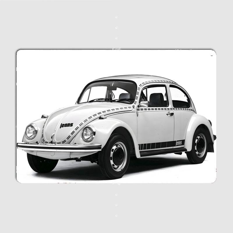 Biały VW Beetle Samochód Kompaktowy Retro Klasyczny Samochód Metalowy Plakat Znak Garaż Klub Niestandardowa Ściana Blaszany Wystrój Pokoju Wystrój Domu