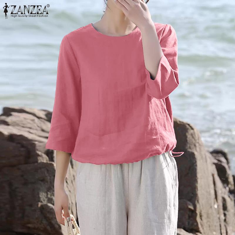 ZANZEA Women Casual Round Neck Loose Summer 3/4 Sleeve Blouse