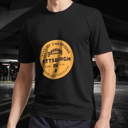 Pittsburgh Badge Black and Gold Logo T-Shirt Funny Size Mode American T-shirt L