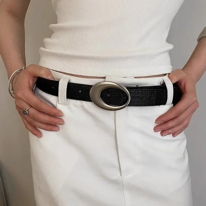 Vintage American Belt Crocodile Lines for Women Men Fashion Pu Leather Punk Metal Buckle Jeans Pants Advanced Red Waist Belts