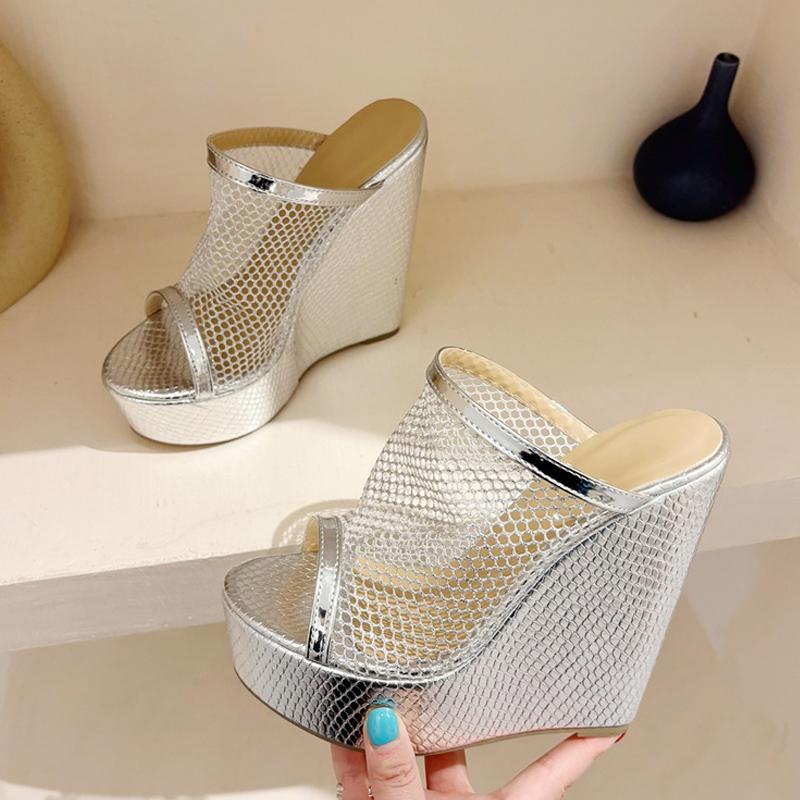 

Fashion Liyke Summer Breathable Mesh Women s 14CM Wedges Slippers Fashion Open Toe Gold Silver High Heels Platform Sandals Female Shoes 35 серебряный