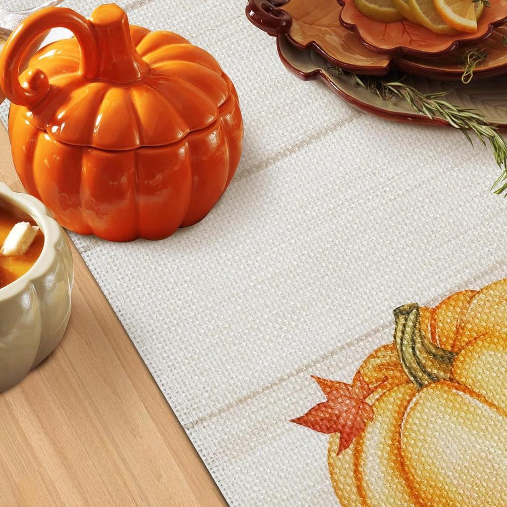 Bonhause Fall Pumpkins Maple Leaves Table Runner 13x72 Inch Orange Buffalo Plaid Autumn Thanksgiving Kitchen Dinning Table Decoration for Indoor