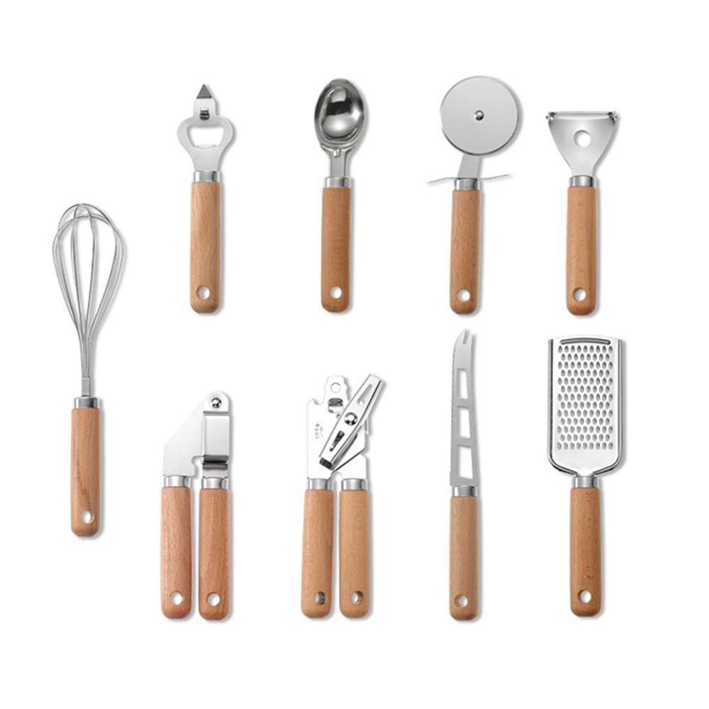 9 PCS Silver Wooden Color Kitchen Utensil Set Stainless Steel Kitchen Gadget Set  Baking Cooking