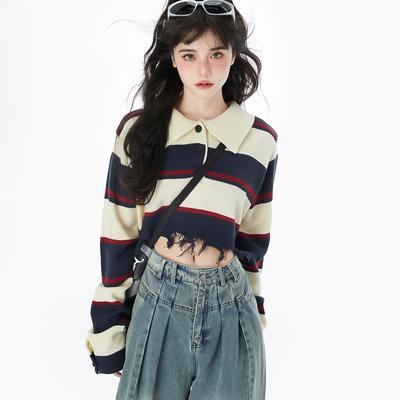 Maglione lavorato a maglia a righe da donna autunno sciolto dolce stile college kawaii retro bavero crop top design a colori nuovo