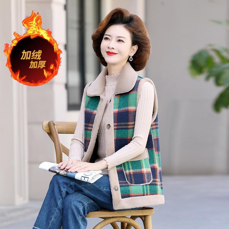 Winter Plaid and Velvet Wear Vests On Both Sides, Women's Lapels for Warmth, and a Vest Vest Jacket.