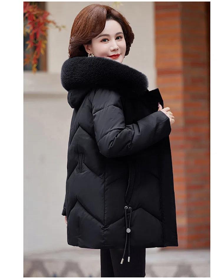 Jaqueta Feminina de Outono e Inverno Cor Sólida com Capuz Gola de Pele Moda Solta Espessa à Prova de Vento Comprimento Médio Jaqueta de Mãe