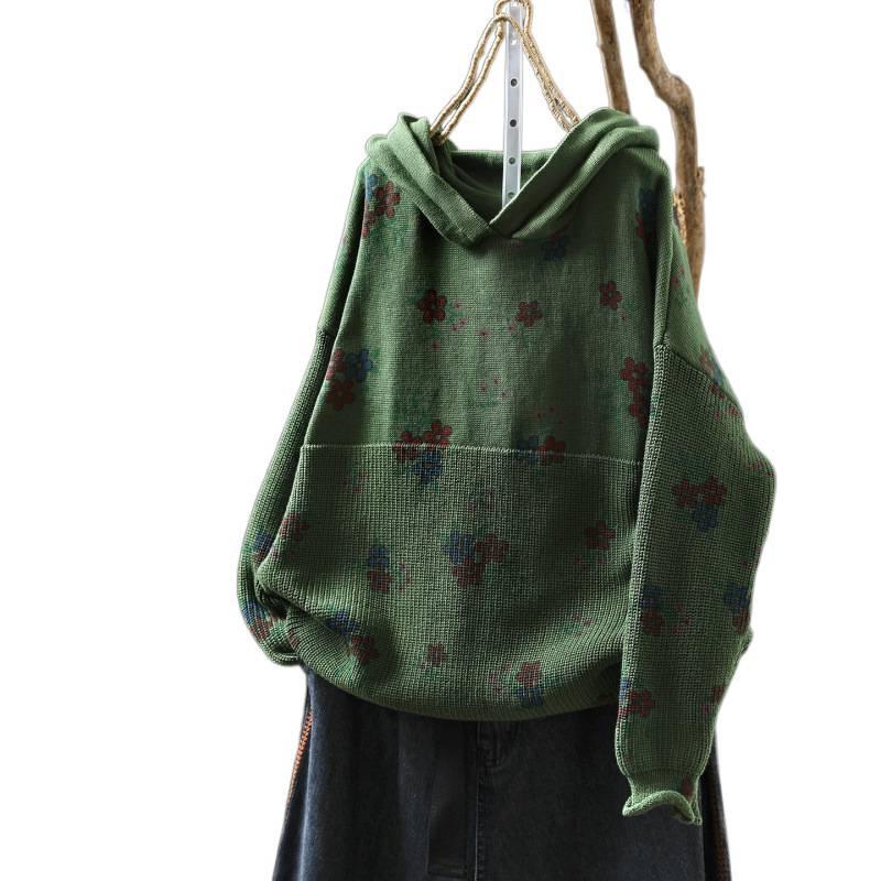 2025 Bo Jia Fan Flower Print Hooded Cotton Knit Sweater - Loose Fit, Autumn Style