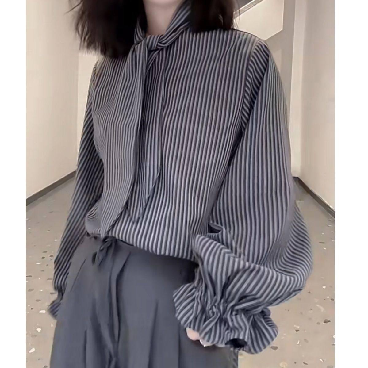 Women s Retro Stripe Tie-Up Long Sleeve Shirt, 2026 Early Spring Collection 2XL