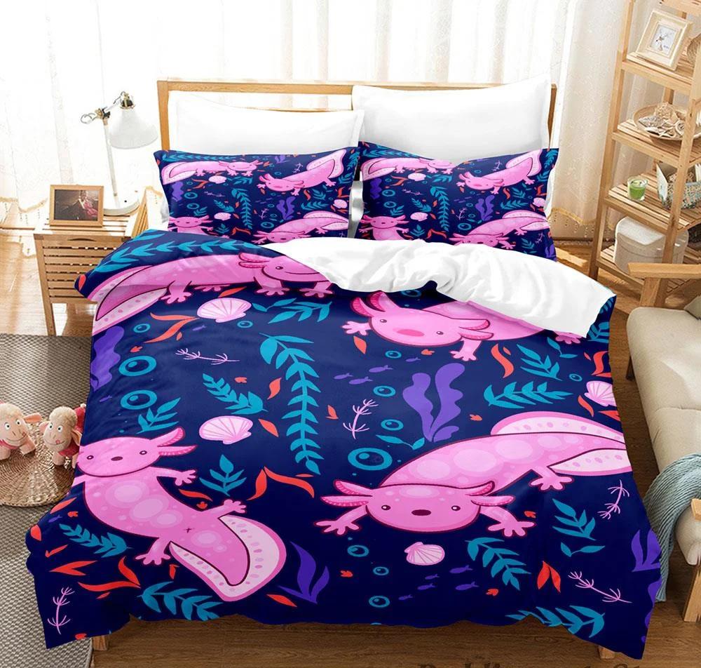 Kawaii Djur Axolotl Tryck Sängkläder Set Enkelt Twin Full Queen King Size Sängset Aldult Barn Sovrum Påslakanset 3D Anime