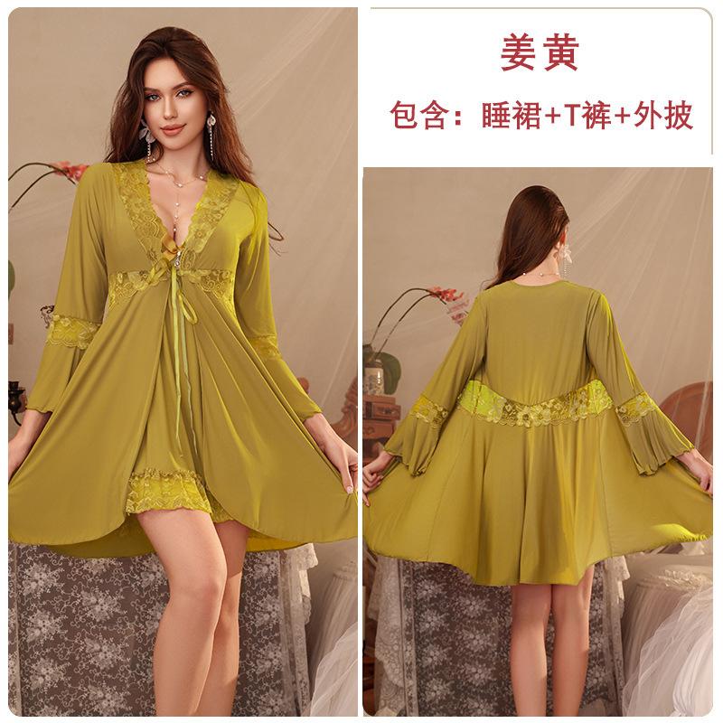 Spring and summer pajamas women with chest pads, suspenders, pajamas, pure desire wind long-sleeved pajamas, three-piece loungewear