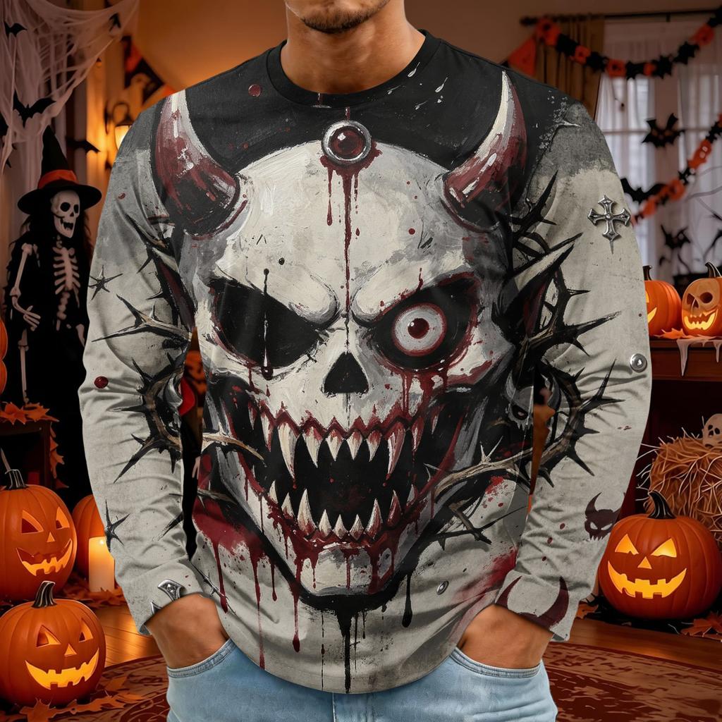 Men's Halloween Printed Neck Long Sleeve Shirt