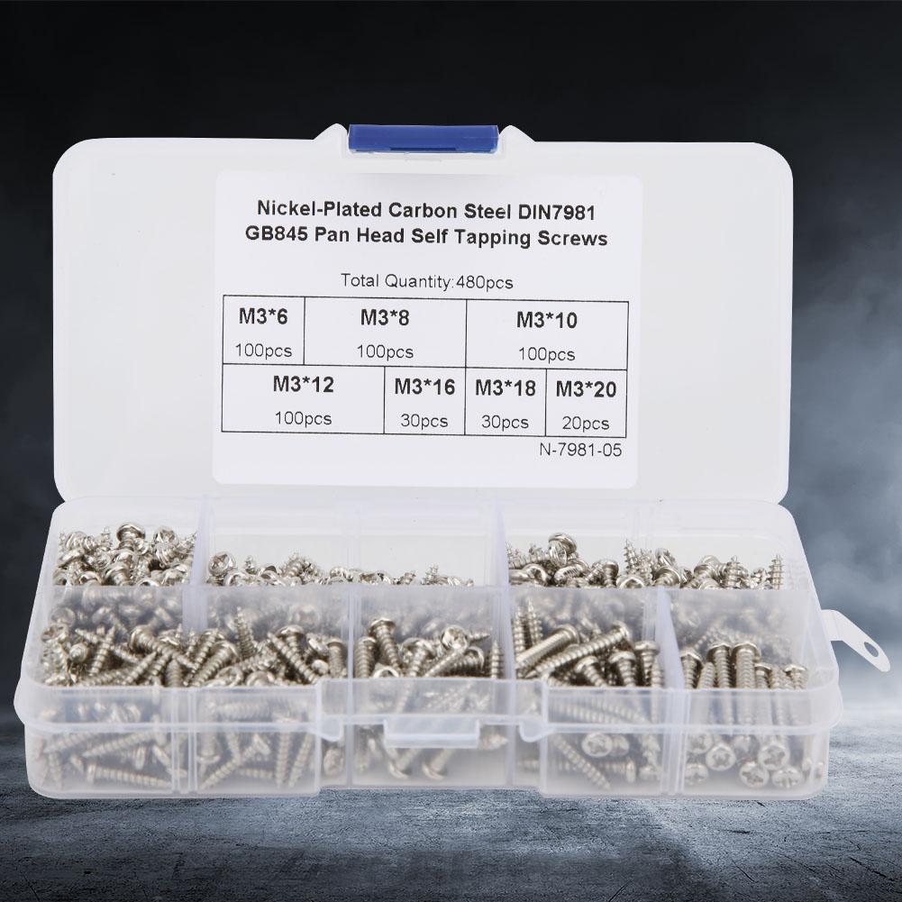 480Pcs Self Tapping Screw Pan Round Head Carbon Steel Fittings M3 Black Nickel Plating(Carbon Steel Black )