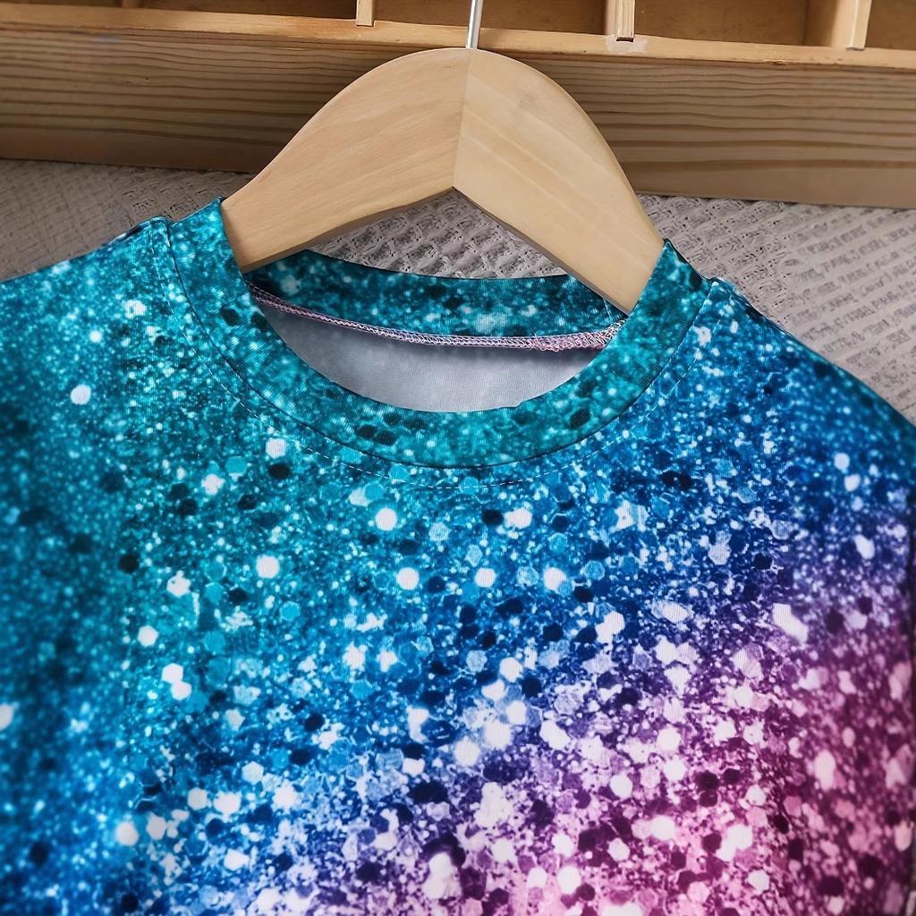 Mädchen Glitzer Party Pailletten Bedruckt Rundhals Kurzarm 2-teiliger Sommer Kinder Freizeitanzug