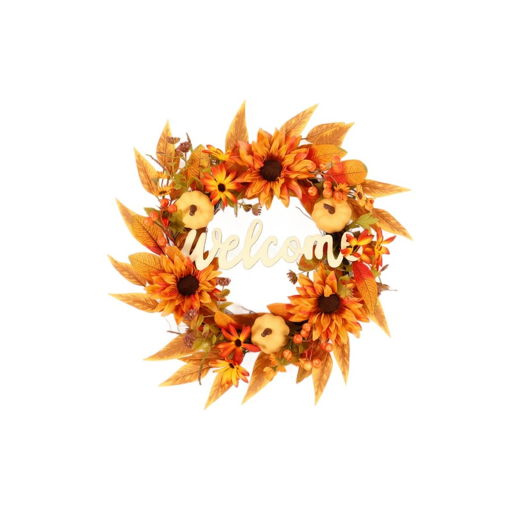 Autumn Harvest Pumpkin Wreath with Artificial Sunflowers and Daisies Home Door Hanging Decoration Fall Front Door Wreath