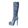 Fashion Kaky's New Round Head Waterproof Platform Denim High Heel Women's Boots Large High Barrel Boots Long Boots